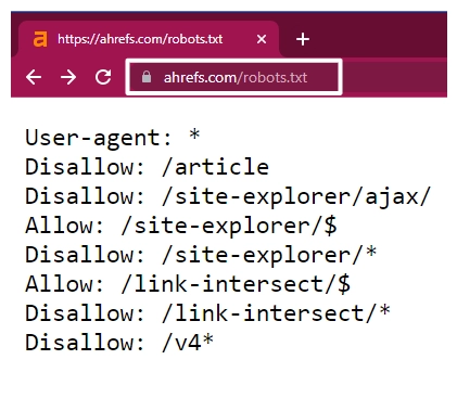 Example contents of a Robots.txt file from ahrefs.com/robots.txt