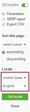 SEOQuake Overlay Settings for Locale, Region and SERP Sorting