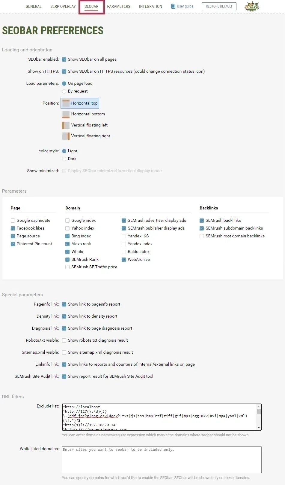 SEOQuake Settings - SEOBar Tab