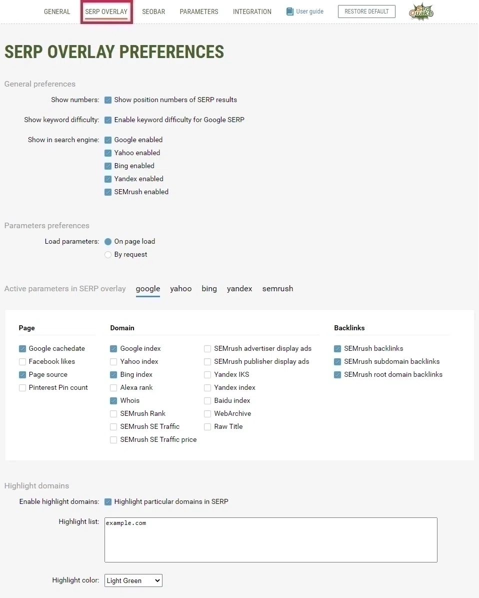 SEOQuake Settings - SERP Overly Tab