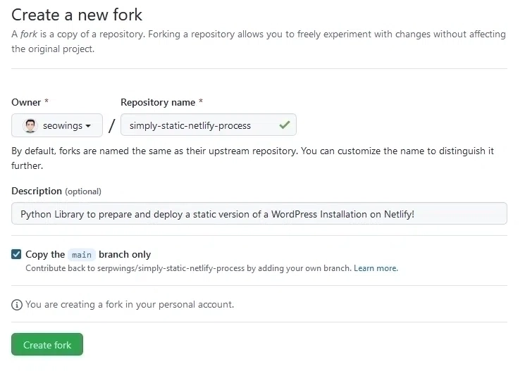 Create a fork of static-wrodpress-post-process Repository on GitHub