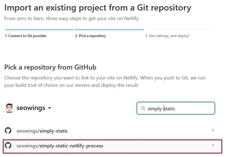 Netlify- Select simply-static-post-process Repository