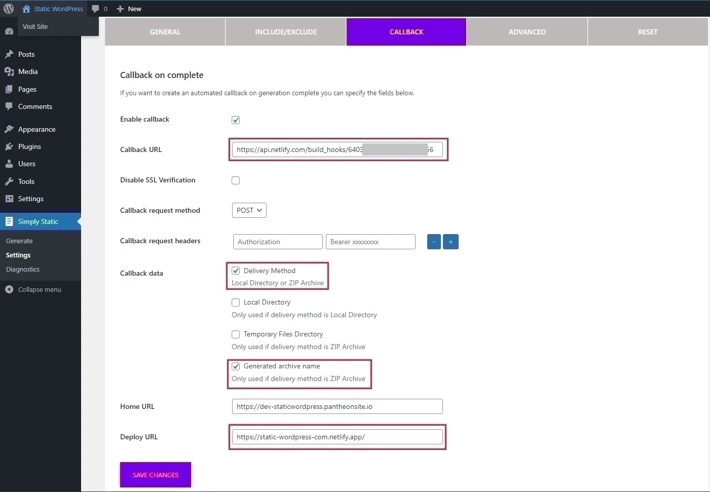 simply-static-netlify-callback Settings